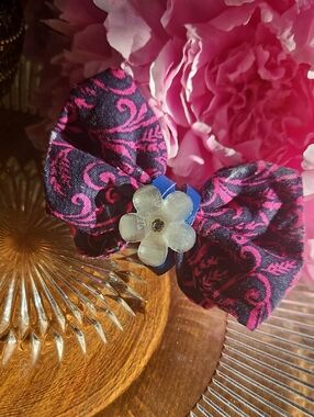 Hand Crafted Dog Collar Bow Tie Paisley Navy&Pink Flower Crystal NEW